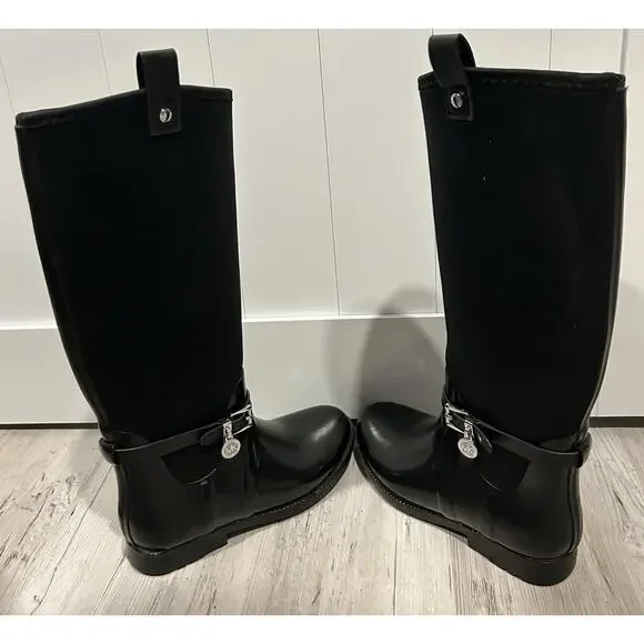 Michael Kors Rain Boots Size 6 Black Rubber & Neoprene. MK Silver Charm Logo. - Picture 6 of 8